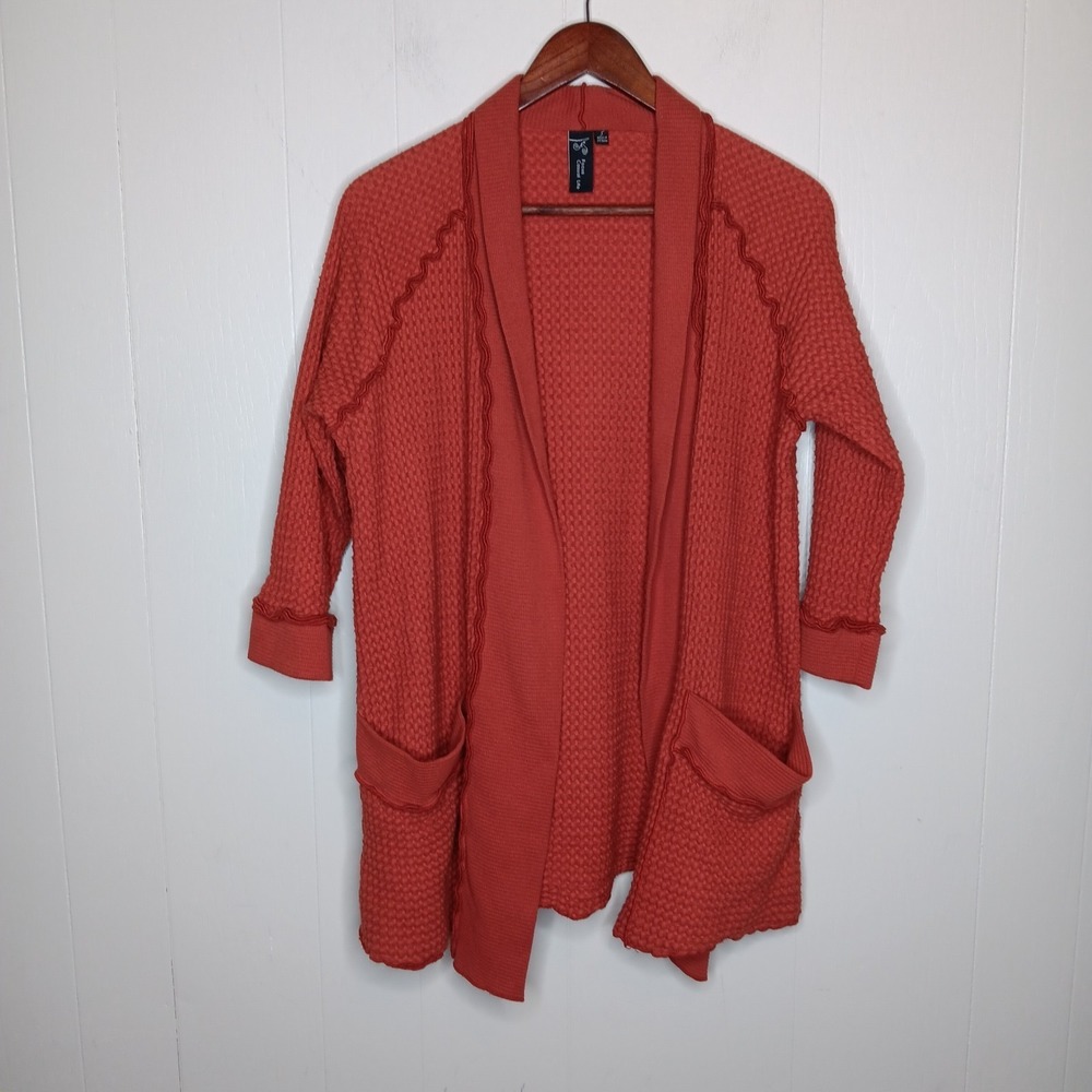 Anthropologie Focus Casual Life Cardigan S Burnt Orange Waffle Knit Lagenlook - Picture 2 of 8